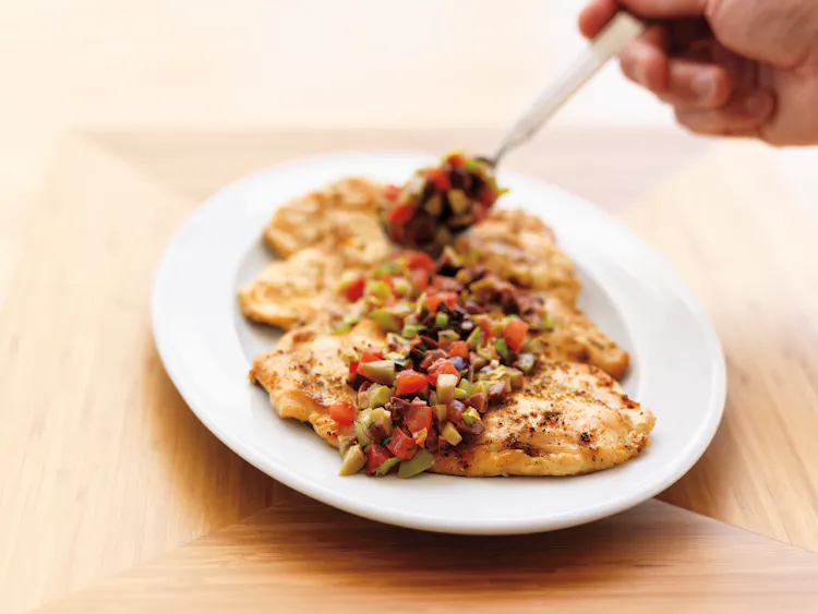 Chicken Paillards with Tomato and Olive Relish | Poultry Recipes