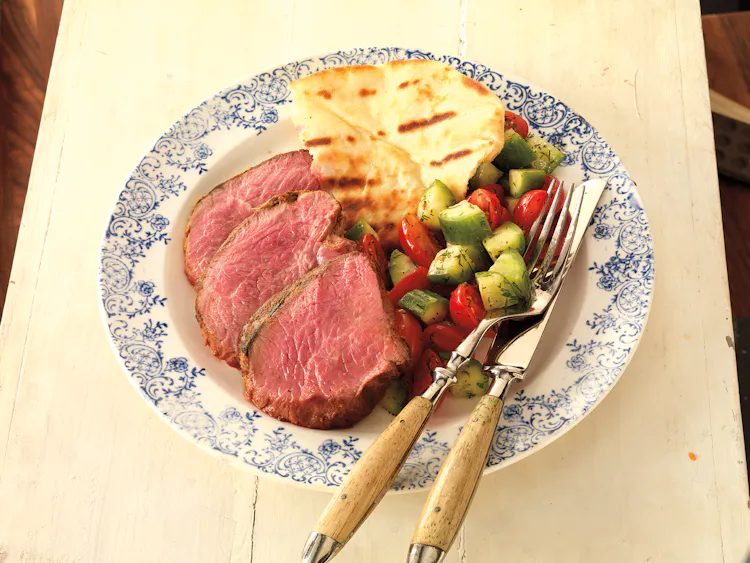 Spicy Marinated Leg of Lamb with Tomato-Cucumber Salad | Red Meat Recipes
