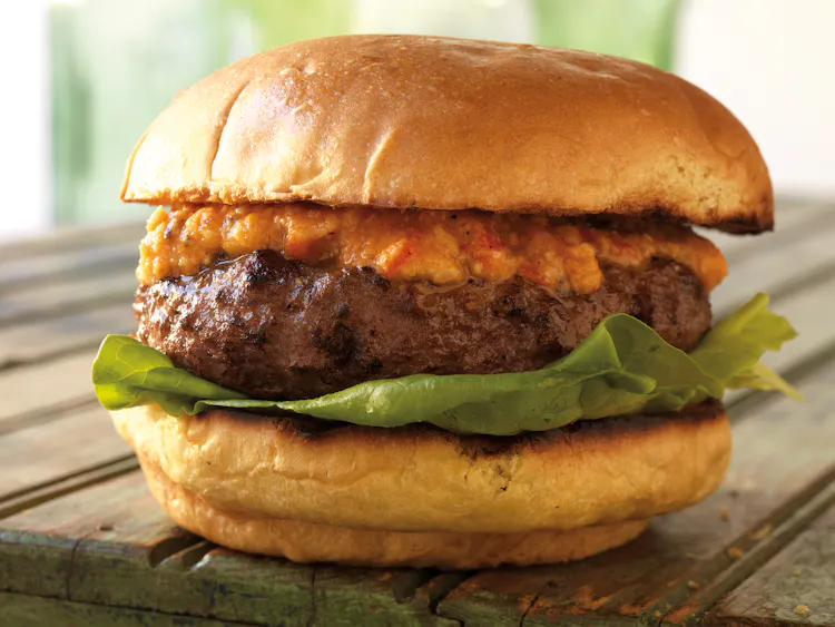 Feta-Stuffed Lamb Burgers with Romesco Sauce | Red Meat Recipes | Weber Grills