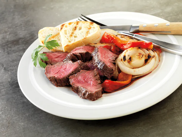 Mustard-Glazed Hanger Steaks with Onions and Peppers | Red Meat Recipes