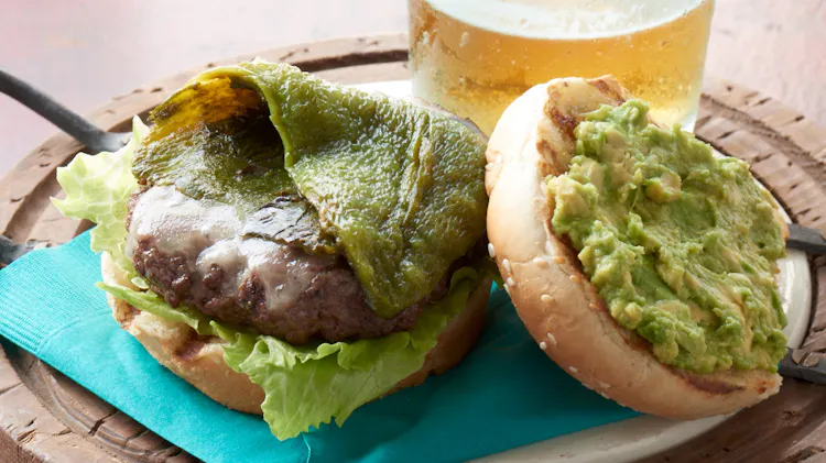 Cheeseburgers Stacked with Roasted Poblano Chiles and Avocado | Red Meat Recipes