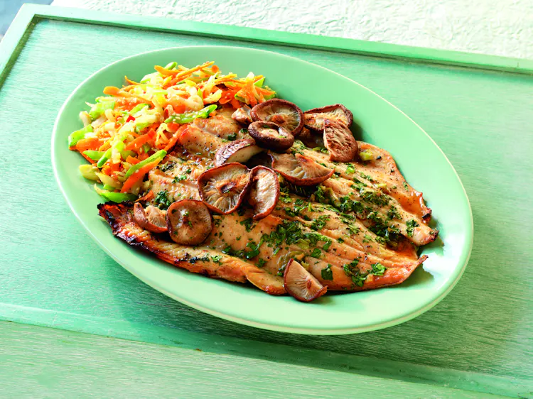 Ponzu-Marinated Trout with Shiitake Mushrooms and Carrot-Radish Salad | Seafood Recipes