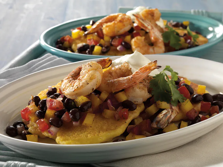 Grilled Shrimp and Griddled Corn Cakes with Black Bean and Tomato Relish | Seafood Recipes