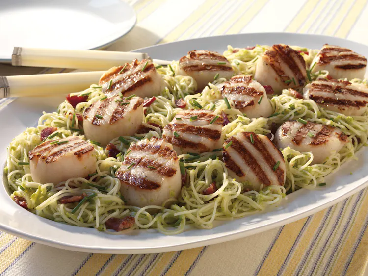 Grilled Scallops with Pea Pesto over Angel Hair Pasta | Seafood Recipes