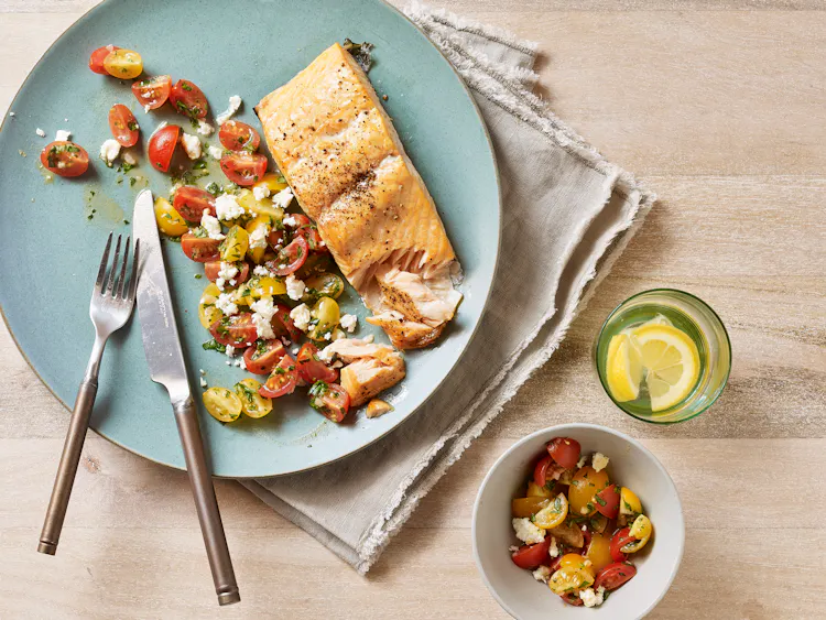 Cedar-Planked Salmon with Tomato, Feta, and Herb Salad | Seafood Recipes | Weber Grills