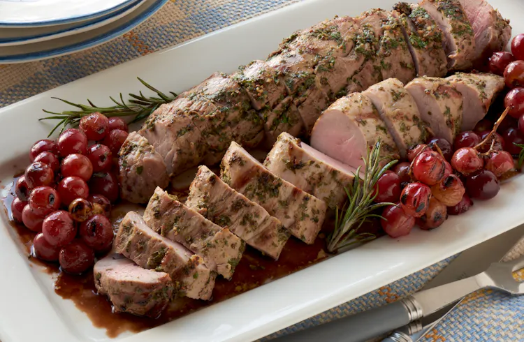 Mustard and Herb–Crusted Pork Tenderloins with Red Grapes | Pork Recipes