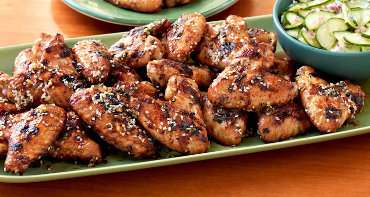 Spicy Sesame Chicken Wings with Cucumber Salad | Poultry Recipes
