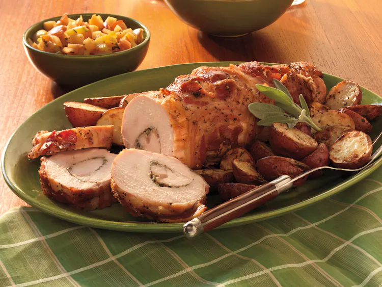 Pancetta and Rosemary Turkey Breast with Roasted Potatoes and Apple Relish | Poultry Recipes | Weber