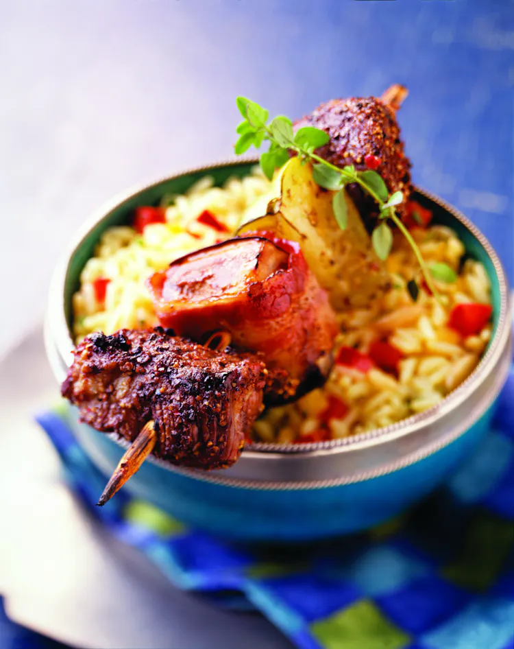 Pepper-Crusted Lamb Kabobs with Tomatillos and Eggplant | Red Meat Recipes