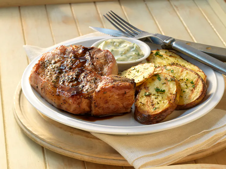 Brined Pork Chops with Balsamic Glaze and Grilled Potato Fries | Pork Recipes | Weber Grills