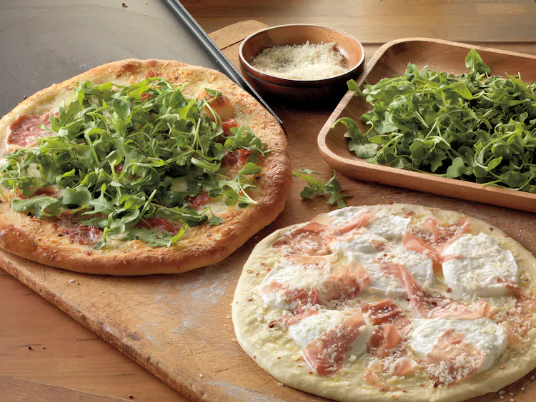 Pizzas with Prosciutto, Arugula, and Mozzarella | Pork Recipes | Weber Grills