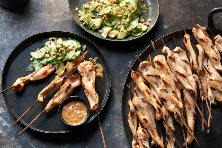 Chicken Satay with Spicy Peanut Sauce and Cucumber-Jalapeño Salad | Poultry Recipes