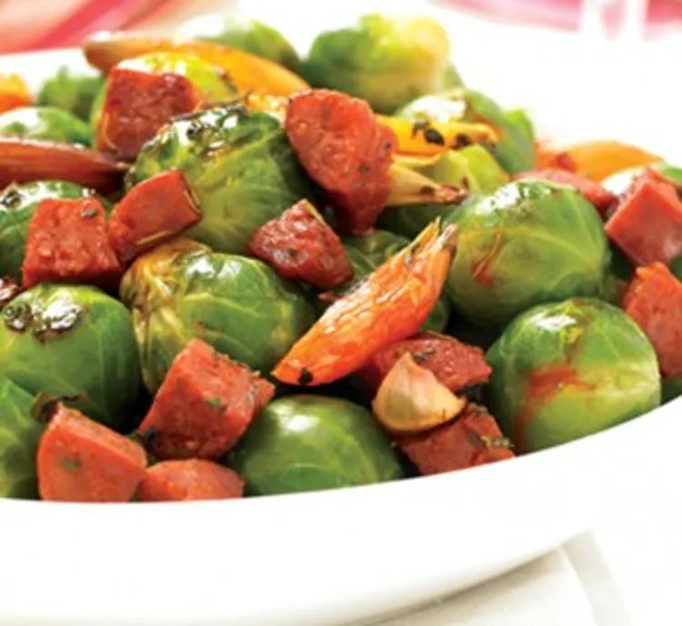 BRUSSEL SPROUTS WITH GRILLED SHALLOTS AND CHORIZO SAUSAGE  | Veggies Recipes | Weber Grills