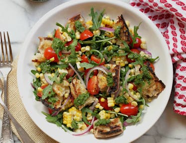 Grilled Bread Salad with Charred Corn, Tomatoes, Red Onion, Basil Vinaigrette