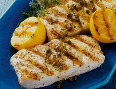 HALIBUT WITH GRILL-ROASTED LEMON & CAPER DRESSING