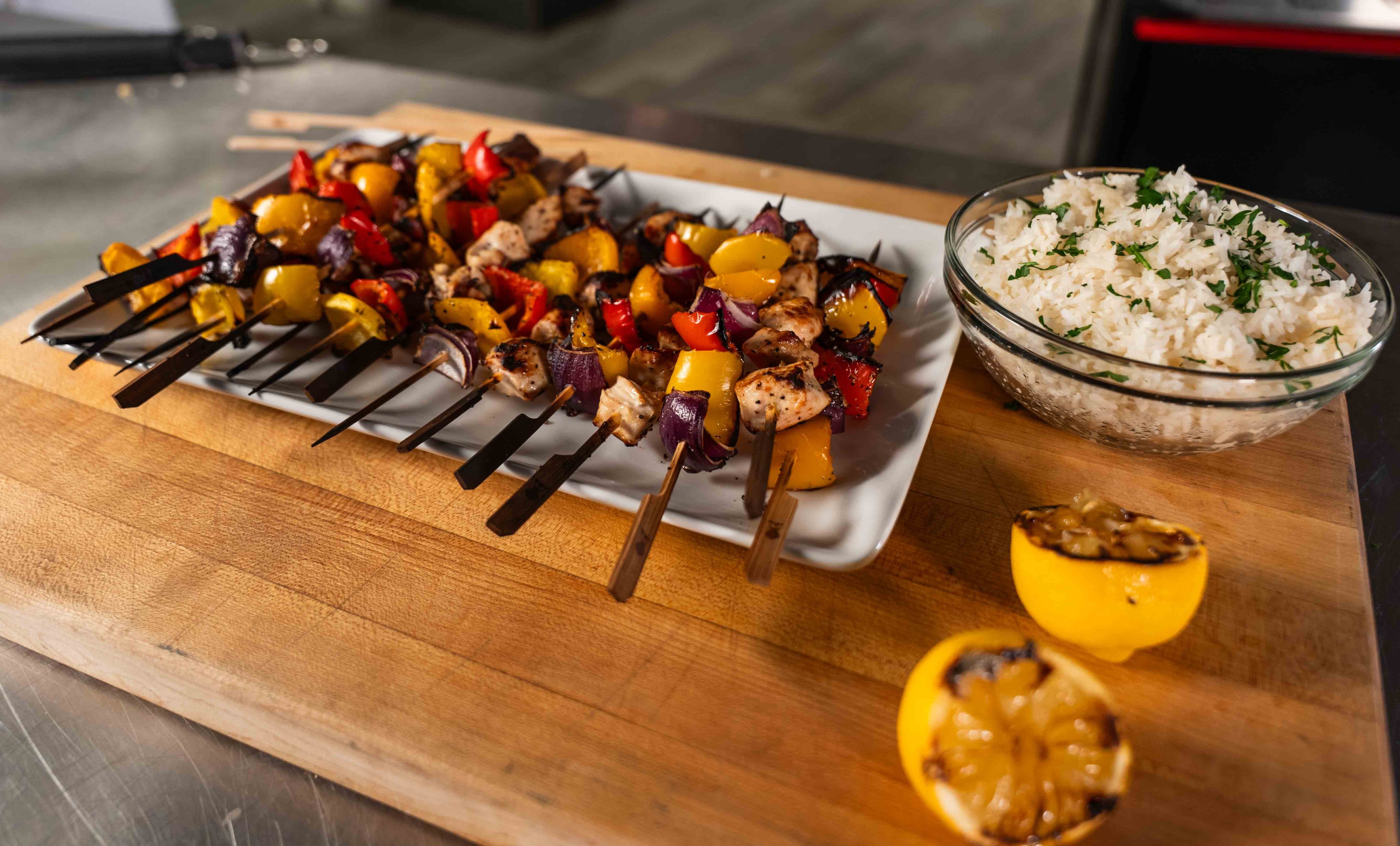 Greek Marinated Chicken Skewers with Veggie Skewers and Rice