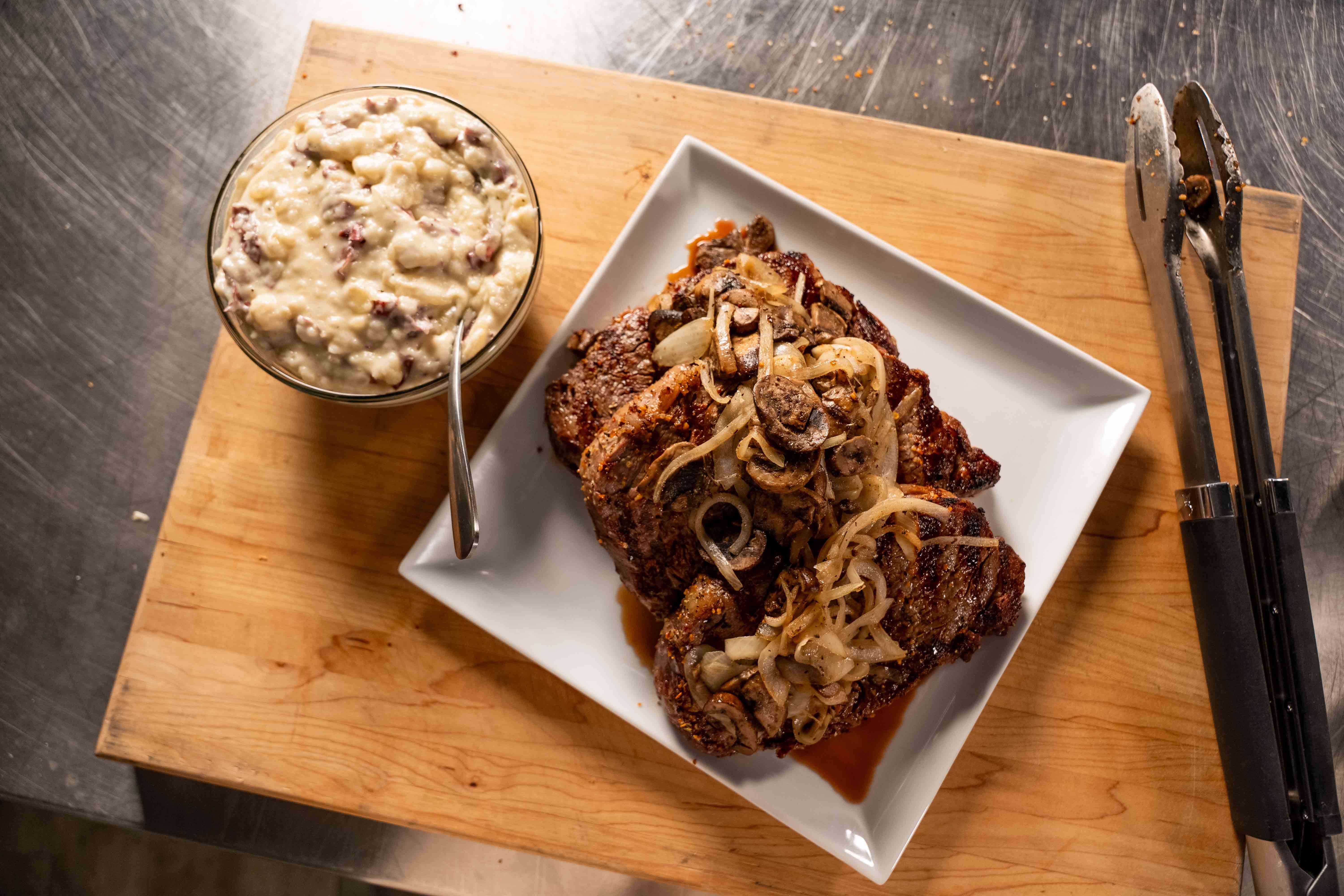 Ribeye, Grilled Mushrooms and Onions, Mashed Potatoes 