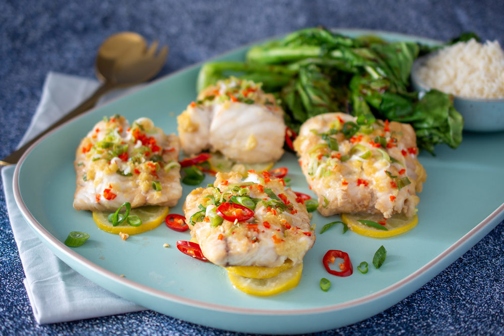 Chilli Ginger Steamed Fish With Grilled Chinese Broccoli | Seafood ...