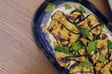 Grilled Zucchini, Labneh, Mint and Pine Nut Salad