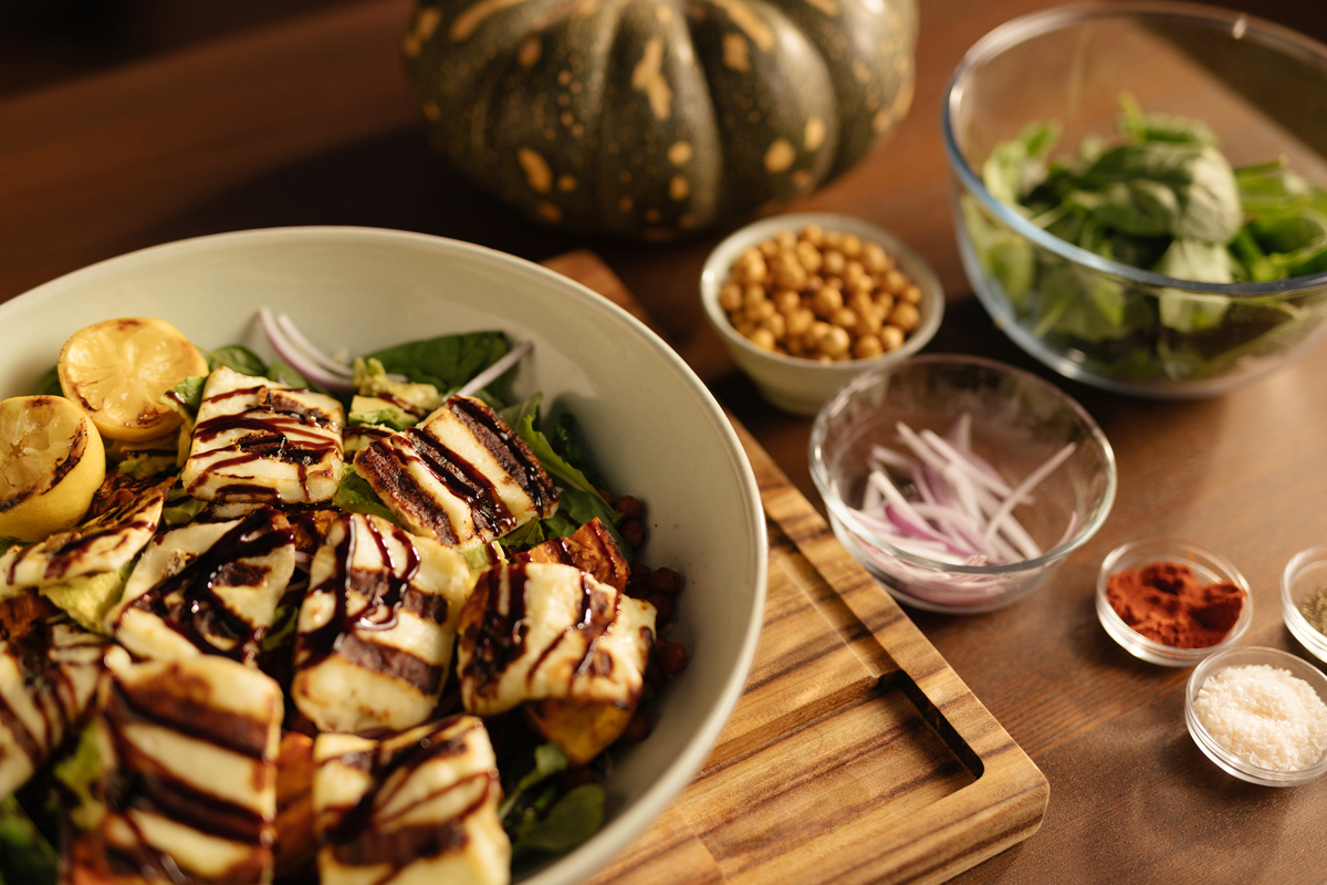 Harissa Caramelised Pumpkin and Grilled Halloumi Salad