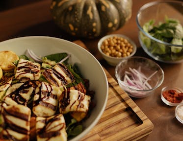 Harissa Caramelised Pumpkin and Grilled Halloumi Salad