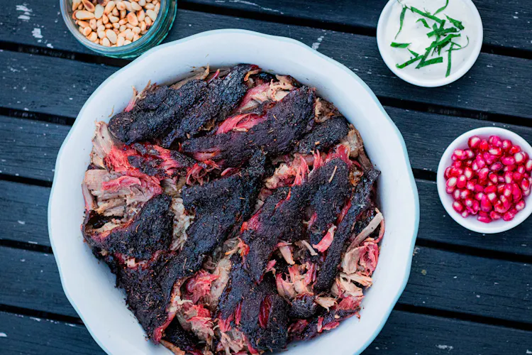 Smoked lamb shoulder with pomegranate, mint and whipped feta | Red Meat Recipes | Weber BBQ